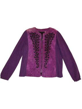 Bob Mackie Suede Jacket Sz S Purple Embroidered Knit Sleeves Wearable Art